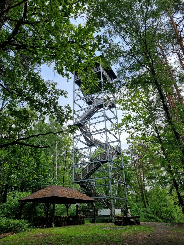 Metalowa wieża widokowa z drewnianymi balustradami, otoczona lasem. Pod wieżą wiata turystyczna i ławki. Zdjęcie wykonane z dołu w słoneczny dzień.