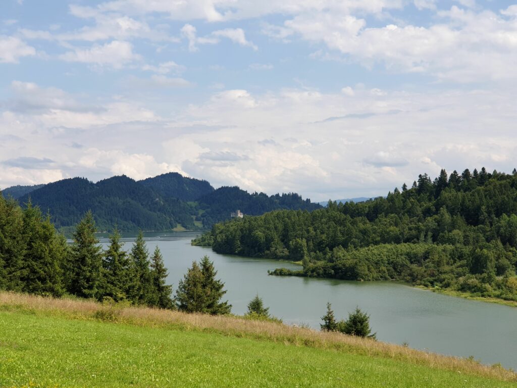 Widok na Jezioro Czorsztyńskie otoczone lasami, z zamkiem w Niedzicy w oddali, uchwycony z trasy rowerowej.