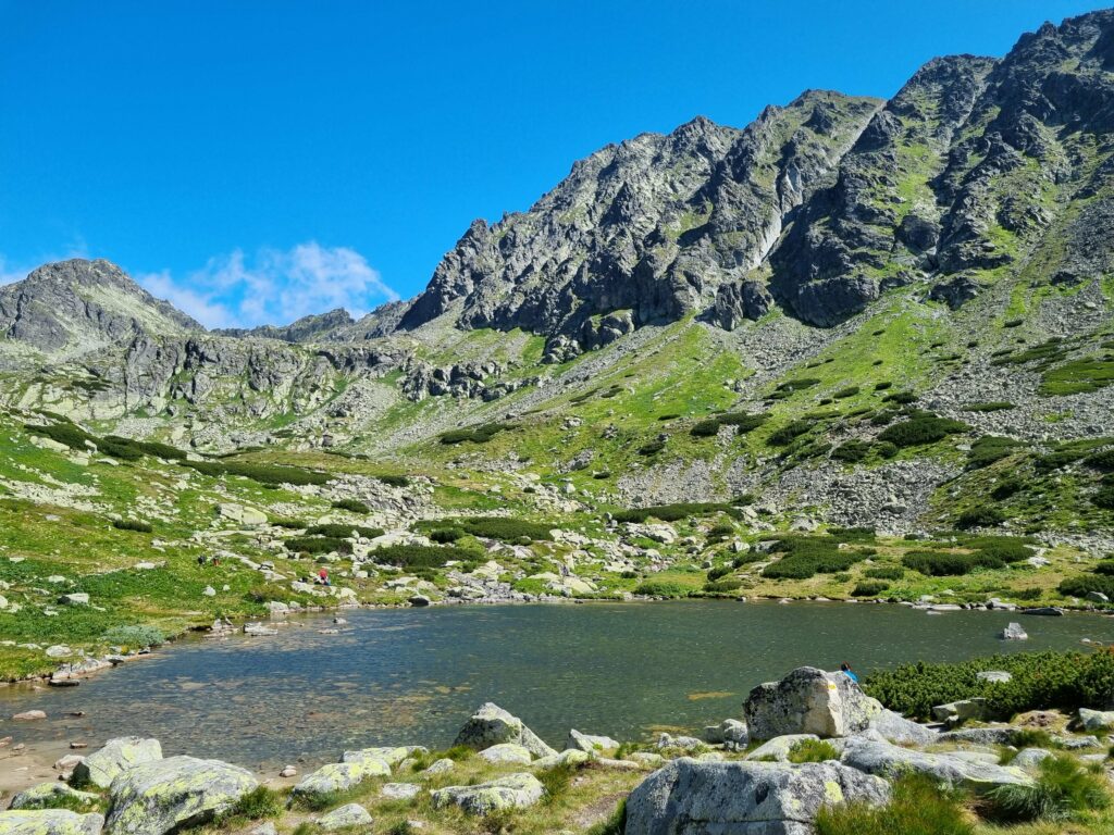 Staw nad Skokiem, górskie jezioro otoczone skalistymi zboczami i kosodrzewiną, z błękitnym niebem odbijającym się w wodzie w Tatrach Słowackich.