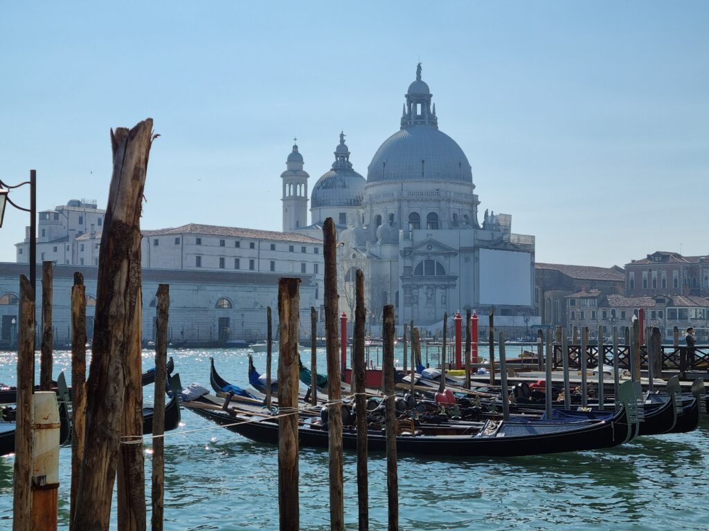 Rząd zacumowanych czarnych gondoli na turkusowej wodzie, z majestatyczną kopułą Bazyliki Santa Maria della Salute widoczną w tle pod jasnym niebem.