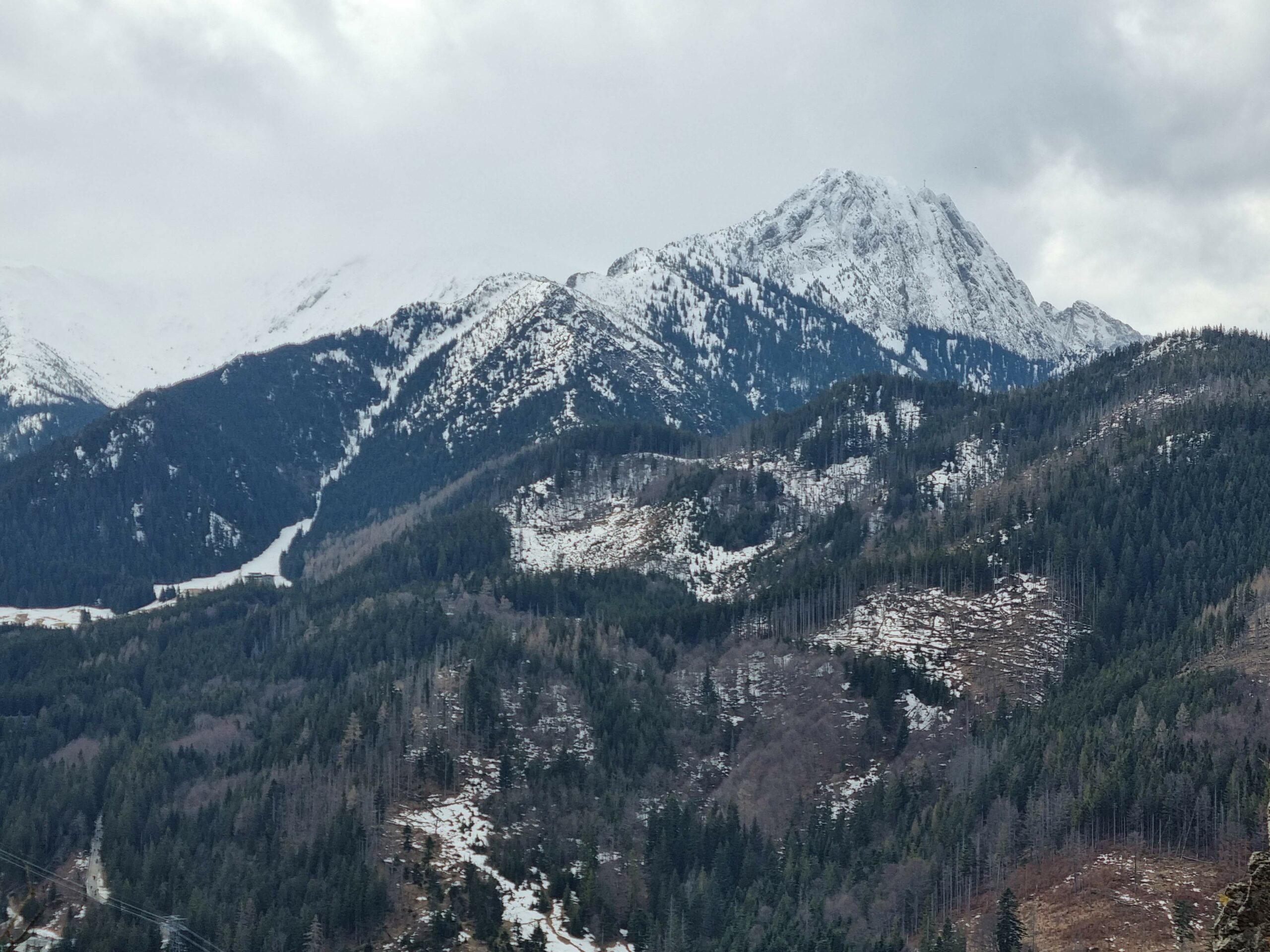 Malowniczy widok z Nosala na majestatyczny Giewont, pokryty śniegiem i lasem, na tle szarego, zimowego nieba.