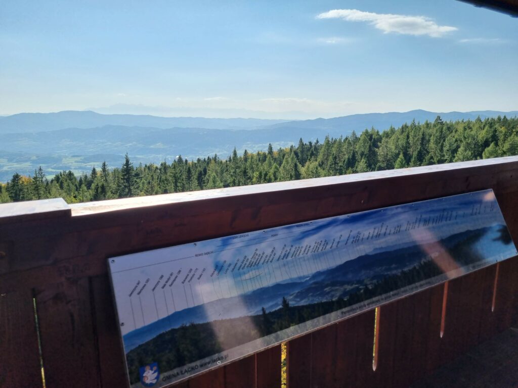 Tablica z opisem panoramy na wieży widokowej Modyń