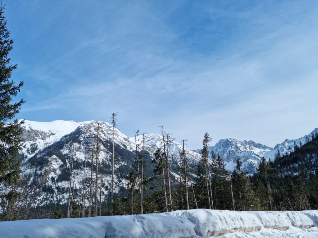 Szeroka panorama Tatr Wysokich widoczna z drogi do Morskiego Oka w zimowej scenerii