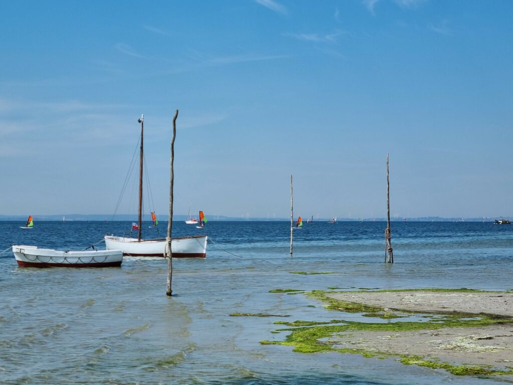 Kolorowe łodzie rybackie zacumowane w spokojnym porcie w Jastarni przy Zatoce Puckiej.