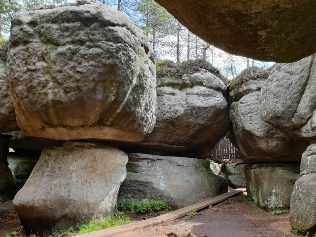 Detale fantazyjnie ukształtowanych bloków skalnych wzdłuż drewnianej ścieżki w Błędnych Skałach.
