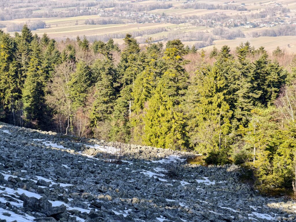 Metalowa platforma widokowa nad skalnym rumowiskiem Gołoborze na szczycie Łysej Góry, w tle widać zalesioną Dolinę Wilkowską