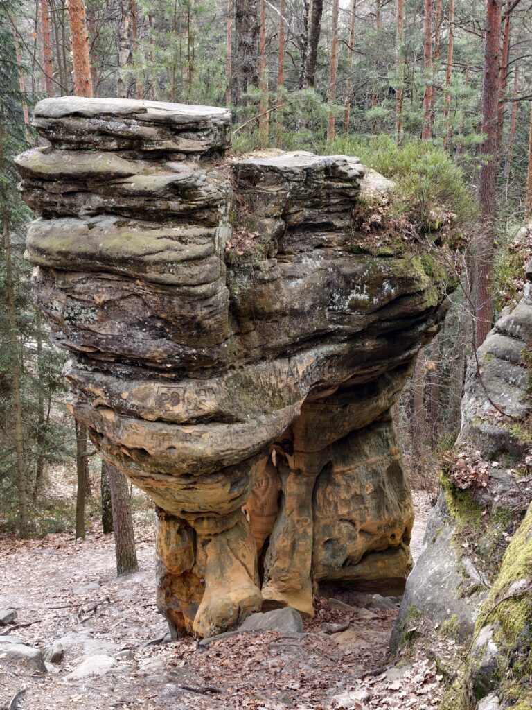 Charakterystyczna skała w kształcie grzyba zlokalizowana na terenie Skałek Piekło pod Niekłaniem.