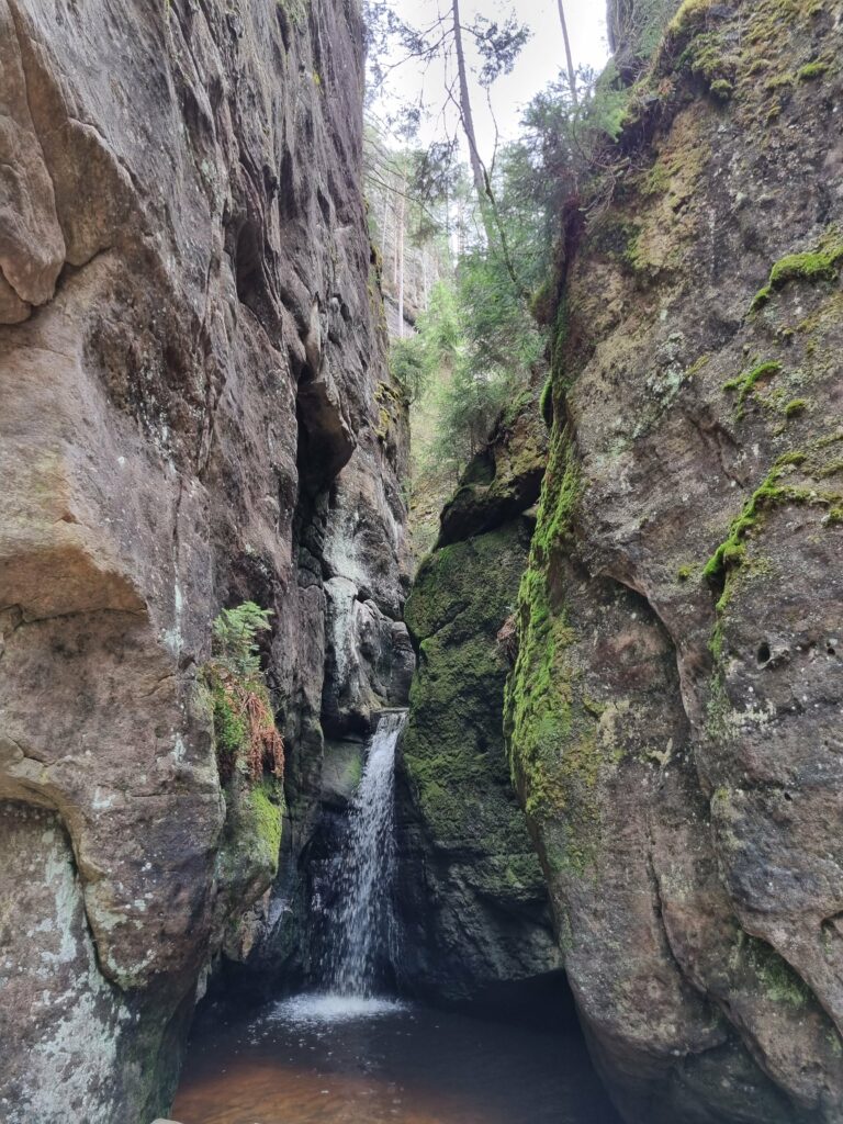 Kaskady rzeki Metuje i płynąca woda tworząca urokliwy Mały Wodospad pośród zarośniętych mchem skał z piaskowca w czeskim Adršpachu.