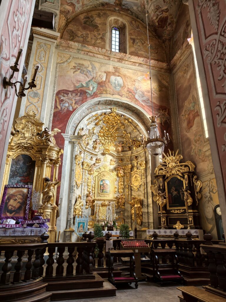 Widok na prawą nawę boczną Kolegiaty św. Marcina w Opatowie z wyraźnymi romańskimi arkadami, sklepieniem i bocznymi ołtarzami.