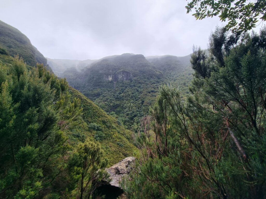 Spektakularny widok na intensywnie zieloną dolinę Rabaçal z podwyższonej trasy powrotnej na szlaku 25 Fontes.