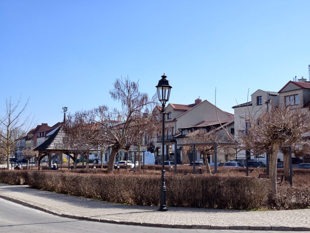 Szeroki plan na brukowany Rynek w Opatowie z kolorowymi kamienicami i widocznym w oddali Ratuszem Miejskim.