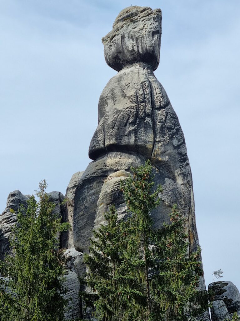 Strzelista, potężna formacja z piaskowca przypominająca ludzką postać w czapce, znana jako Starosta, górująca nad zielonymi świerkami na szlaku w czeskim Adršpachu.
