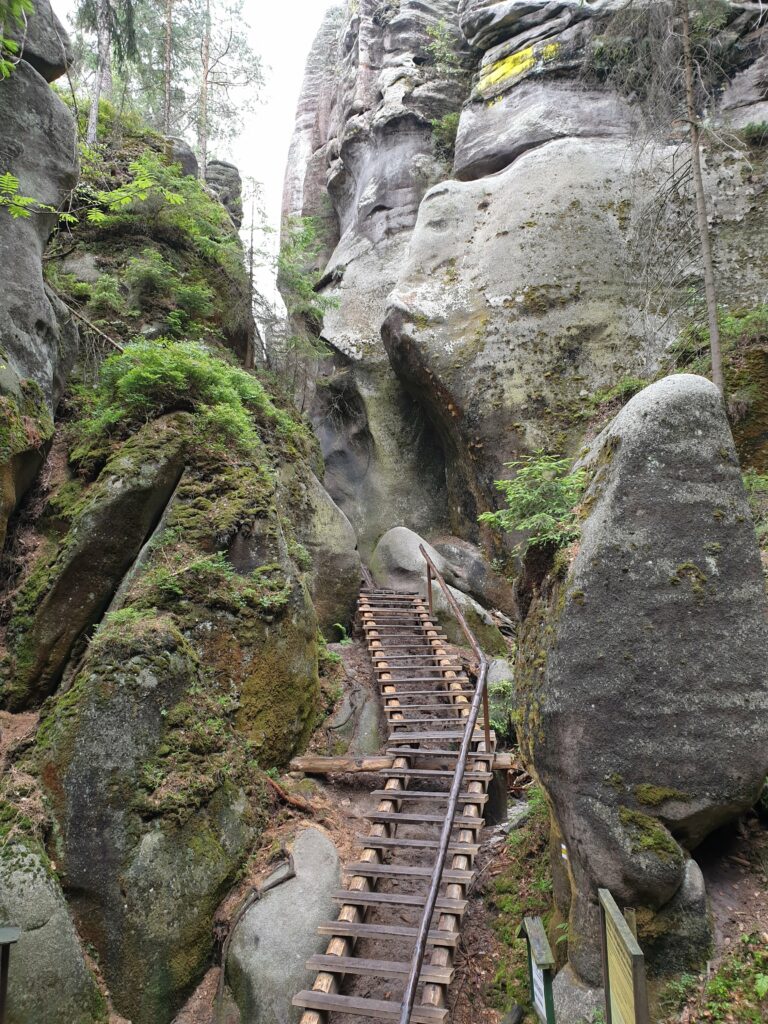 Strome, drewniane schody prowadzące w górę między wysokimi formacjami z piaskowca na zielonej trasie turystycznej w Skalnym Mieście Adršpach.
