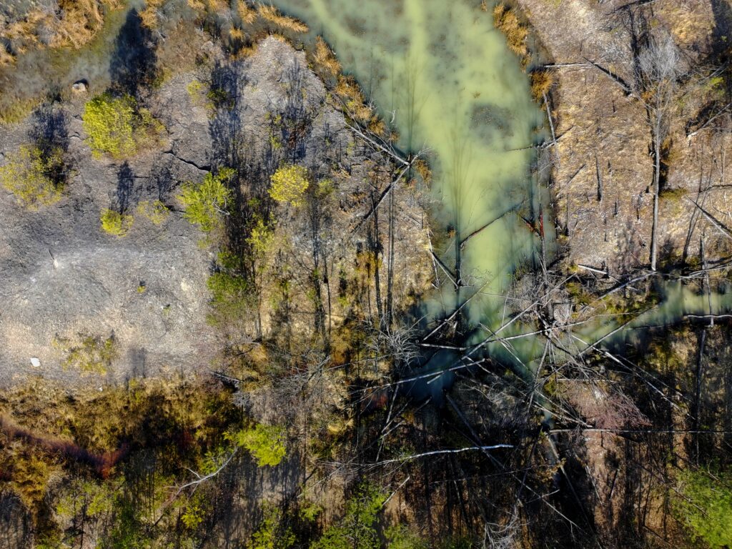 Z lotu ptaka na rdzawoczerwone brzegi i ciemną wodę dawnego wyrobiska gliny otoczonego drzewami w rezerwacie Gagaty Sołtykowskie.