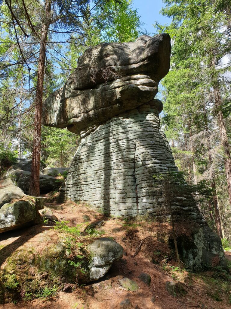 Imponująca formacja skalna z piaskowca w kształcie grzyba w Górach Stołowych.