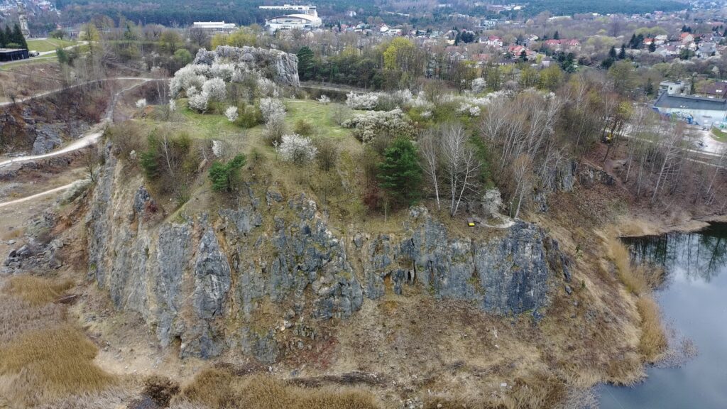 Szeroka panorama Rezerwatu Kadzielnia w Kielcach, pokazująca wysokie, wapienne skały i zieleń otoczone miejską zabudową.