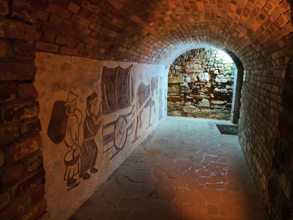 Podziemna komnata z historycznymi eksponatami i nastrojowym oświetleniem w podziemiach Sandomierza.