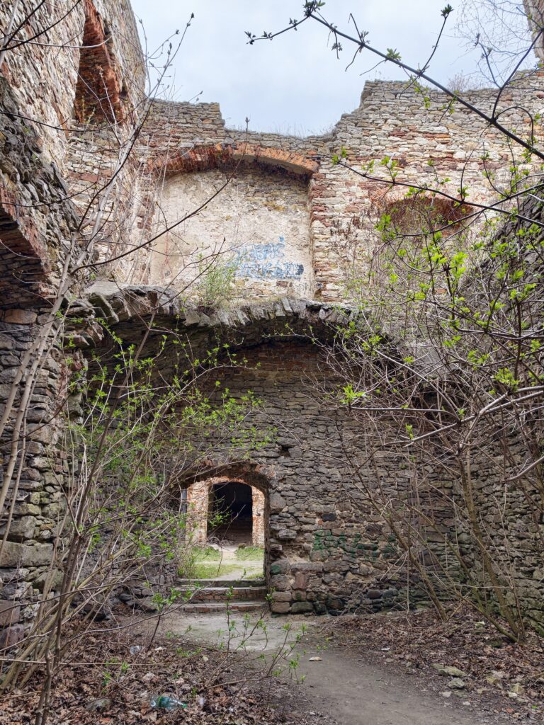 Klimatyczny widok od wewnątrz na parter ruin Pałacu Tarłów z pozostałościami sklepień i ścieżką turystyczną.
