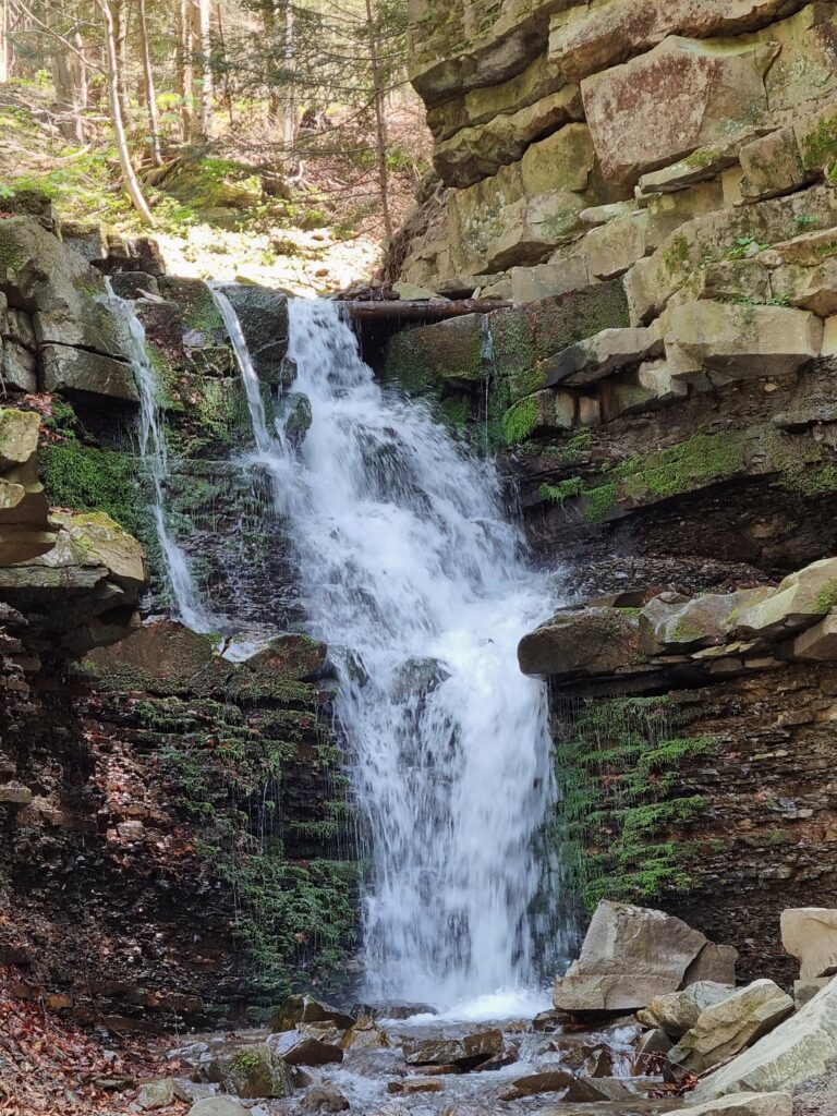 Woda spadająca z kilkometrowego progu skalnego, czyli Wodospad na Mosornym Potoku otoczony zielonym lasem przy niebieskim szlaku z Zawoi.