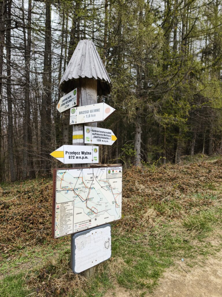 Drewniany drogowskaz turystyczny na Przełęczy Wyżnej z tabliczkami wskazującymi kierunek na Połoninę Wetlińską oraz mapą BdPN.