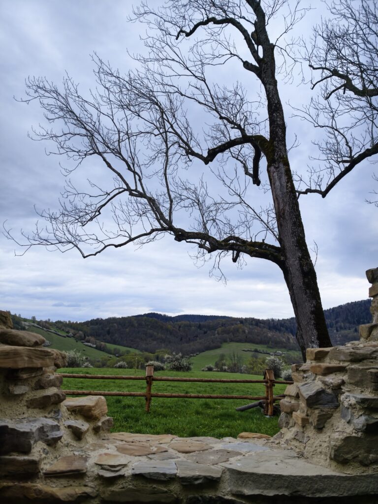 Widok przez okno ruin cerkwi na bieszczadzki krajobraz