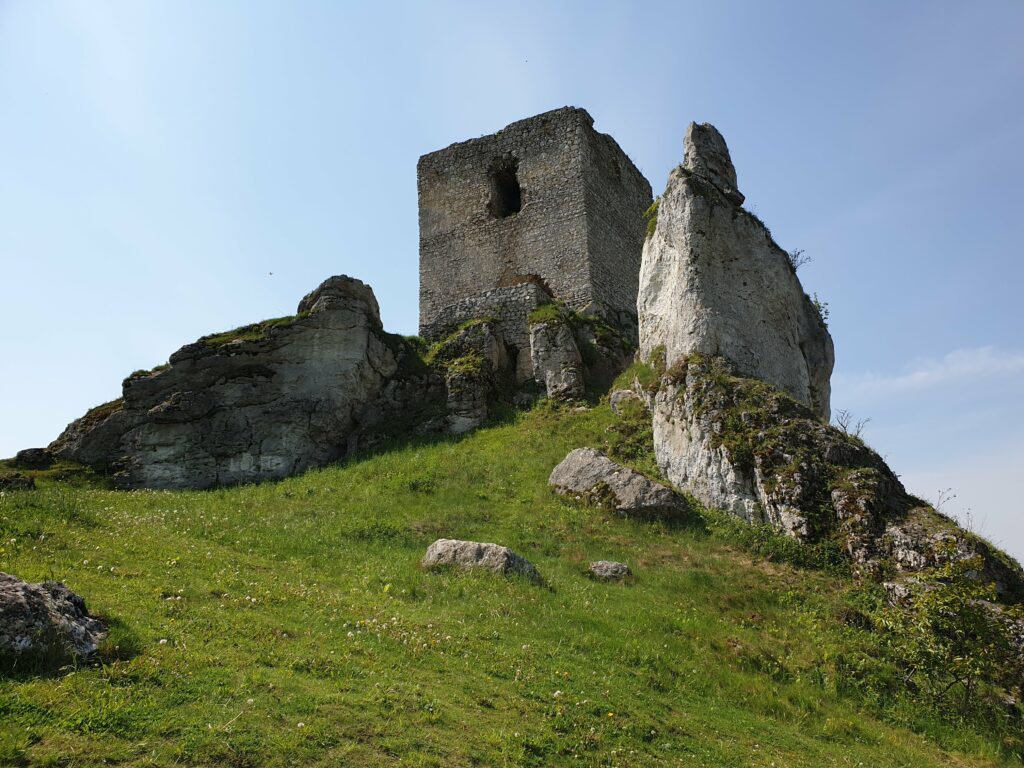 Kwadratowa baszta ruin zamku w Olsztynie pomiędzy wapiennymi skałami Jury Krakowsko-Częstochowskiej