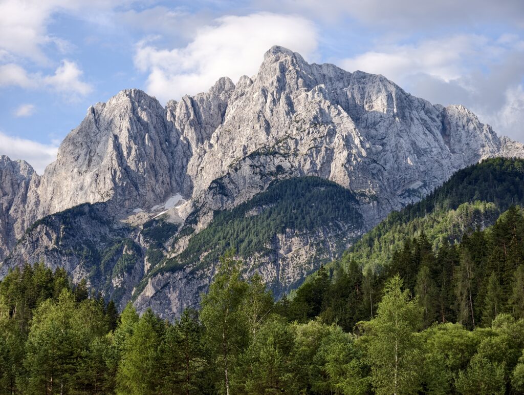 Potężny, skalisty szczyt Alp Julijskich wznoszący się nad gęstym, zielonym lasem iglastym w okolicach Kranjskiej Gory.