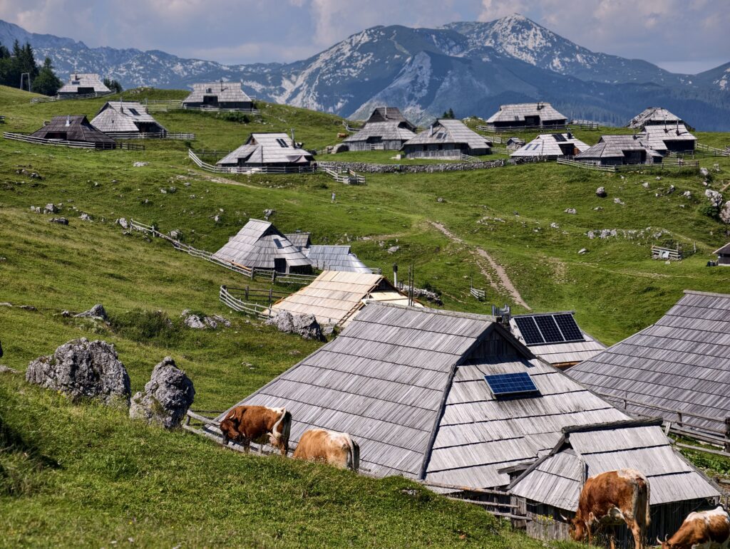 Drewniane chaty pasterskie z panelami słonecznymi na Velika Planina w Alpach Kamnicko-Sawińskich