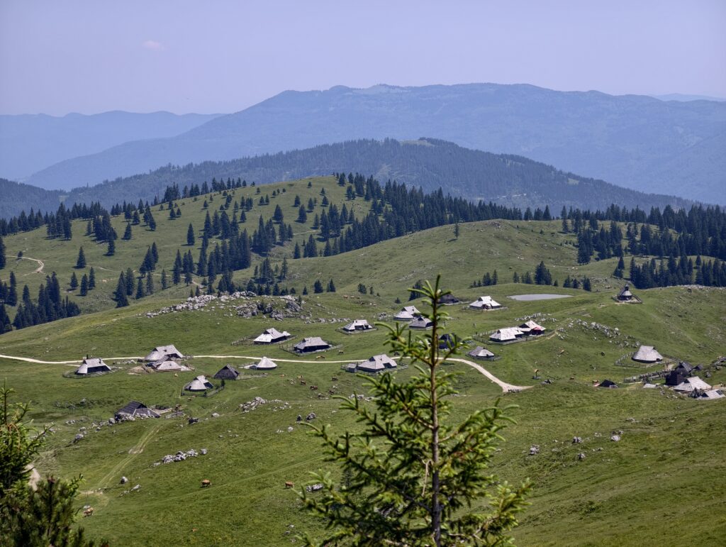 Panorama osady pasterskiej na płaskowyżu Velika Planina z lotu ptaka