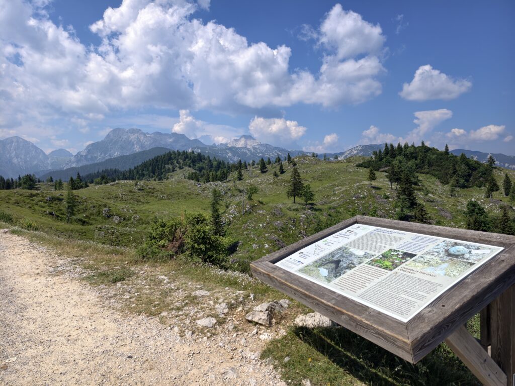 Tablica edukacyjna na szlaku na Velika Planina z widokiem na Alpy Kamnicko-Sawińskie
