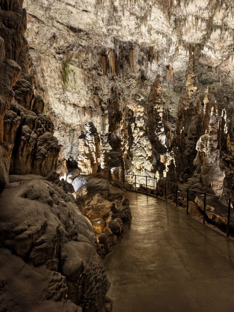 Ścieżka spacerowa wśród wysokich stalagmitów w Jaskini Postojna