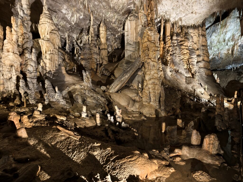 Stalagmity odbijające się w podziemnym jeziorku w Jaskini Postojna
