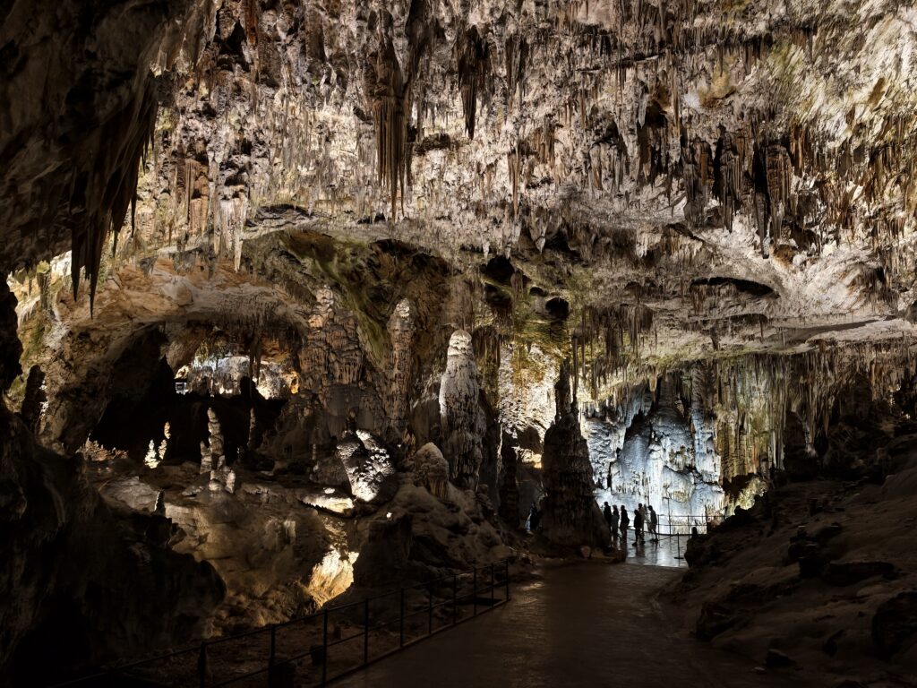Ogromna komora jaskini Postojna pełna stalaktytów i stalagmitów