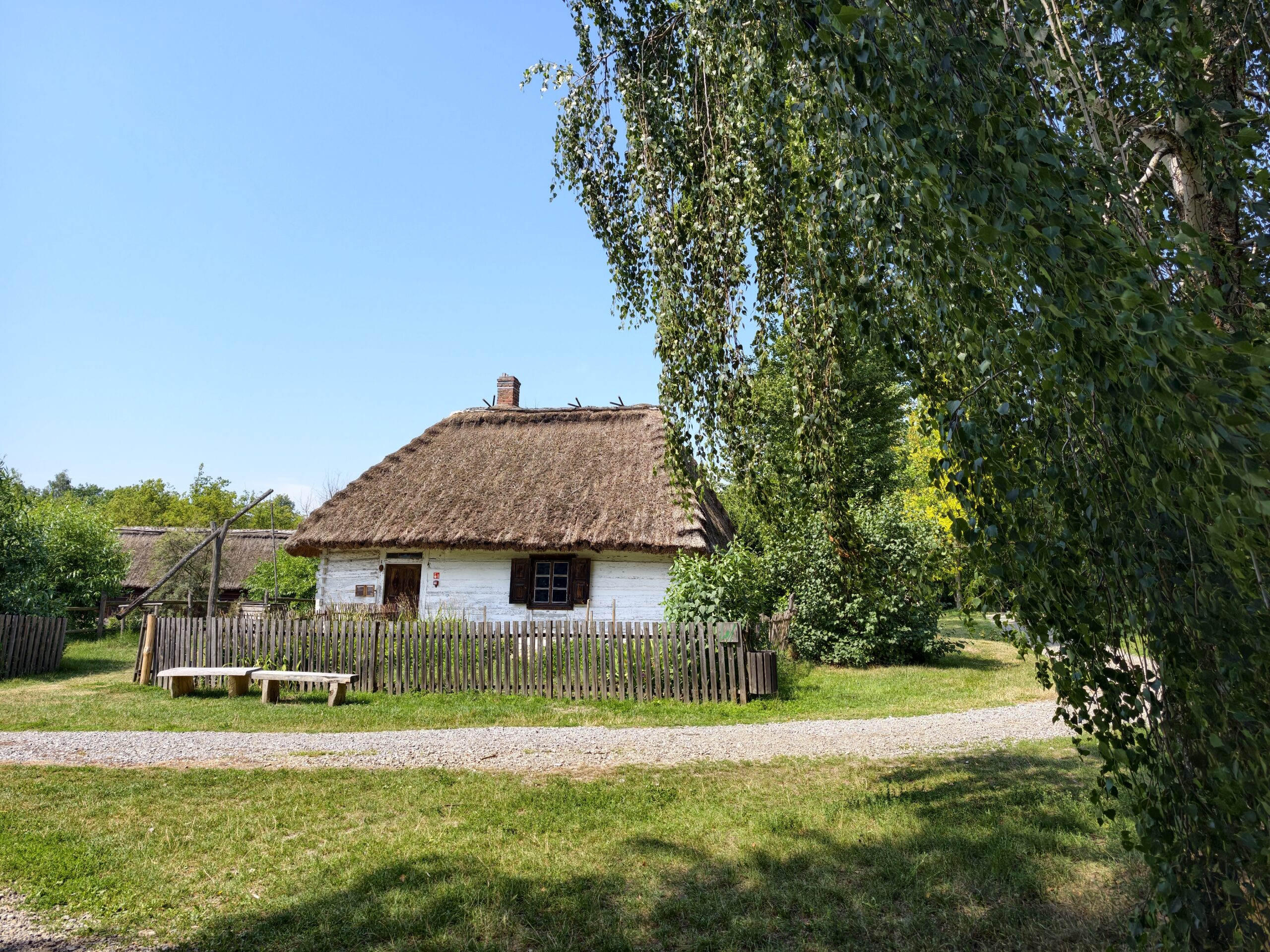 Biała drewniana chałupa kryta strzechą otoczona płotem sztachetowym, typowa zabudowa wiejska w skansenie w Lublinie