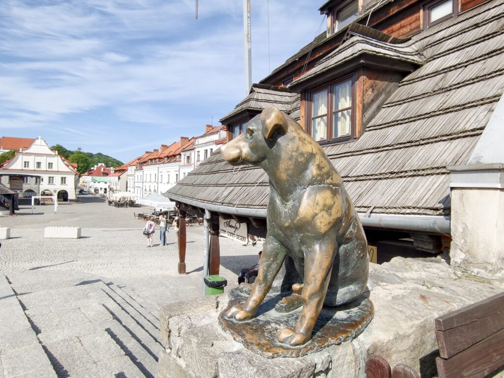 Brązowy pomnik psa Werniksa siedzącego na kamiennym cokole na Rynku w Kazimierzu Dolnym
