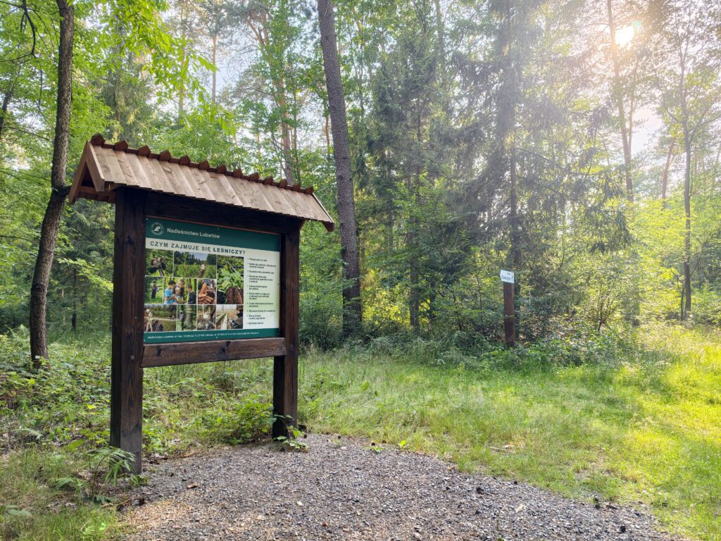 Tablica edukacyjna „Czym zajmuje się leśniczy?” Nadleśnictwa Lubartów przy wejściu na ścieżkę edukacyjną w Kozłowieckim Parku Krajobrazowym