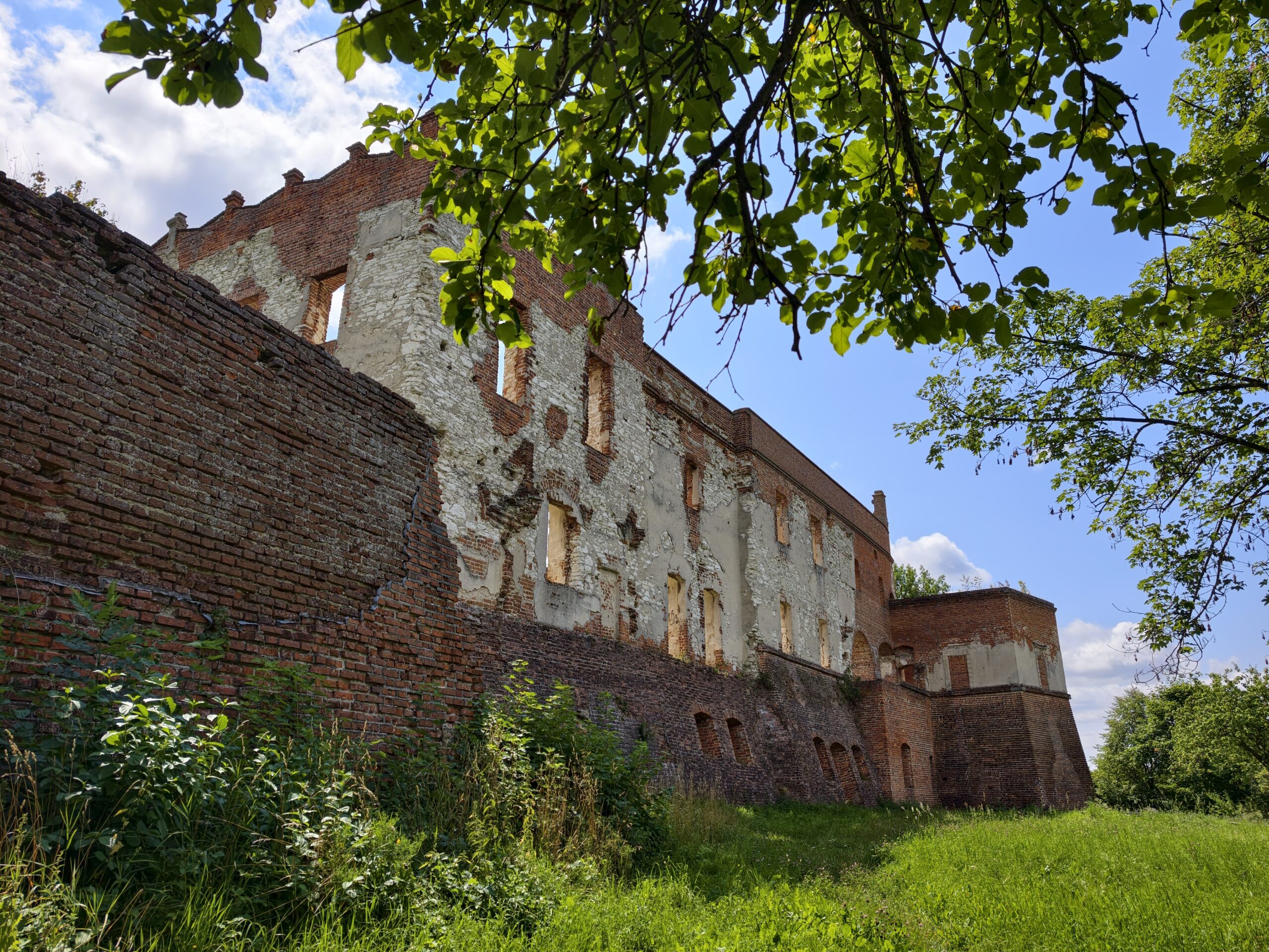 Wysoki mur obronny zamku w Krupem sfotografowany od dołu, w otoczeniu gałęzi drzewa