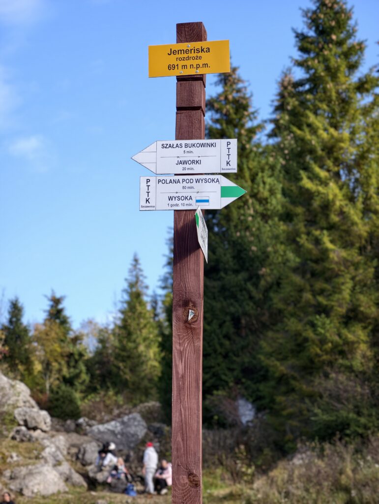 Drogowskaz PTTK „Jemeriska, rozdroże, 691 m n.p.m.”: Szałas Bukowinki 5 min, Jaworki 20 min, Polana pod Wysoką 50 min, Wysoka 1 godz. 10 min.
