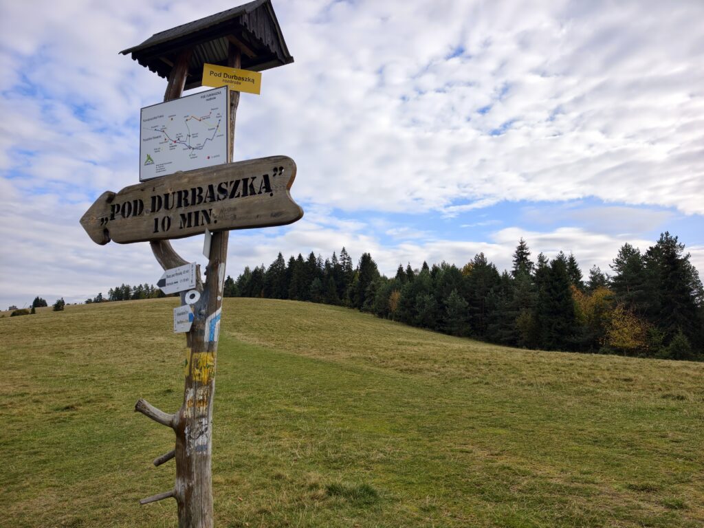 Drewniany drogowskaz na rozdrożu Pod Durbaszką ze strzałką „Pod Durbaszką 10 min” i mapą szlaków, w tle łąka i świerkowy las