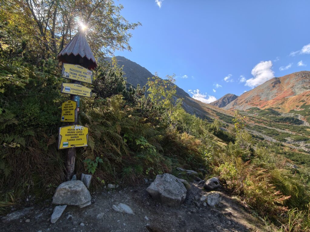 Drogowskaz na rozdrożu Pod Troma kopami (1589 m n.p.m.) ze strzałką w stronę Rohackich Stawów
